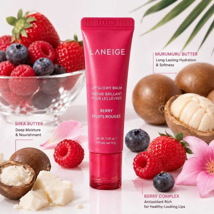 Close-up of LANEIGE Lip Glowy Balm highlighting Shea Butter and Murumuru Butter ingredients
