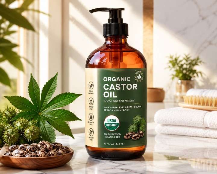 Organic Castor Oil 16 oz USDA Certified Organic Cold Pressed Hexane-Free for Hair, Eyelashes, Eyebrows, Beard, and Skin Care