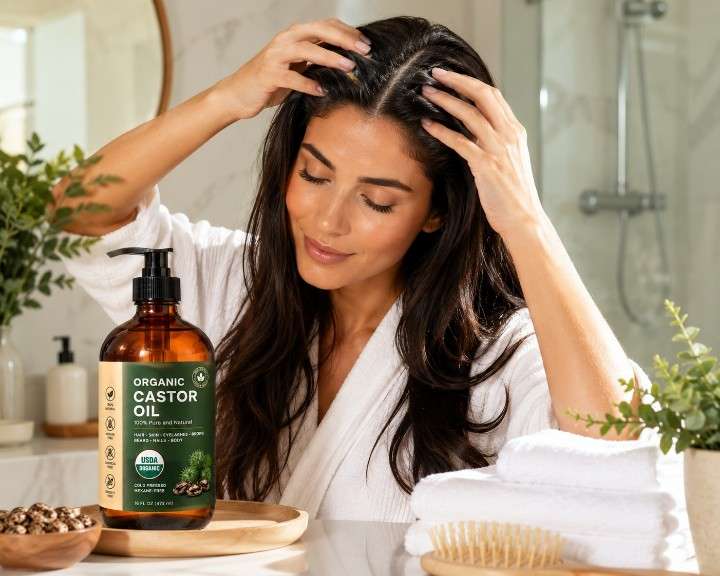 Woman applying organic castor oil to scalp for deep hair nourishment and hydration.