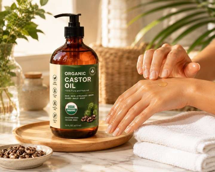 Organic castor oil applied to dry hands and skin for deep moisturizing.