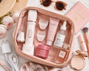 Compact rechargeable electric razor packed inside a travel cosmetic bag.