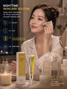 Applying celimax retinal shot tightening booster during nighttime skincare routine