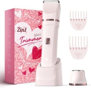 Package contents of the Risina Electric Razor for Women with interchangeable trimming heads.
