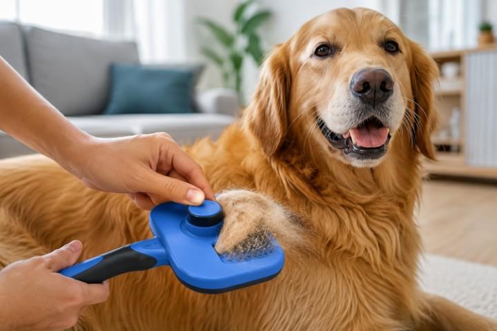 Swihauk Self Cleaning Slicker Brush removing loose fur from a golden retriever with one-click self-cleaning design.