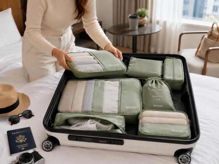 Traveler packing clothes into BAGAIL luggage packing cubes