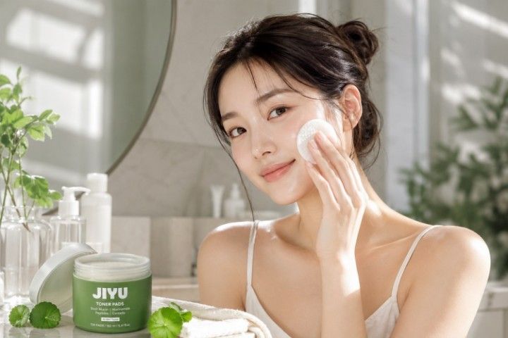 Woman applying JIYU Toner Pads during her Korean skincare routine.