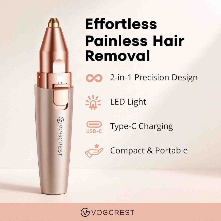 Close-up of the VG VOGCREST facial hair remover with precision eyebrow trimmer and rose gold finish.