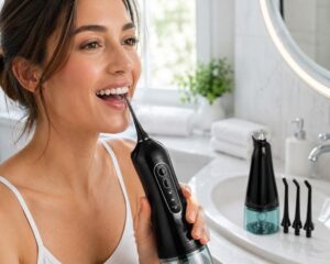Portable cordless water pick flosser cleaning between teeth for better oral hygiene
