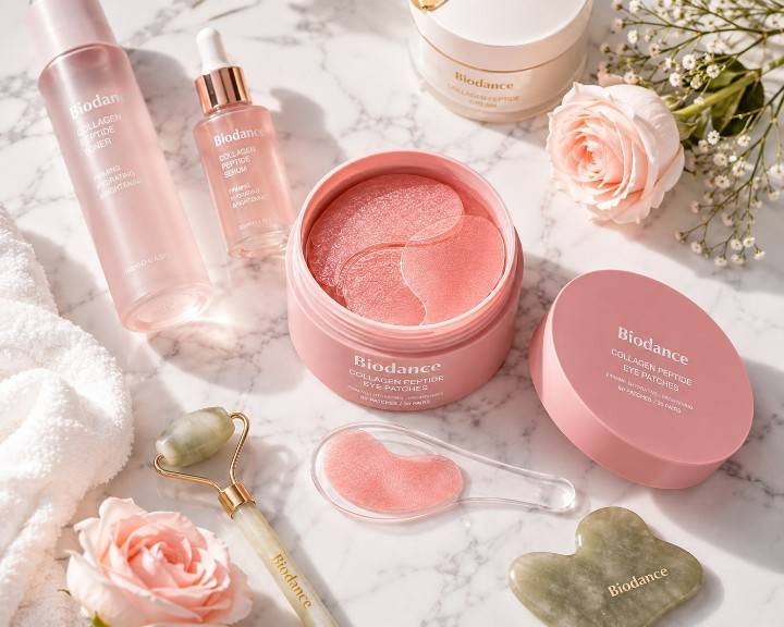 Luxury skincare routine featuring BIODANCE collagen peptide eye patches.