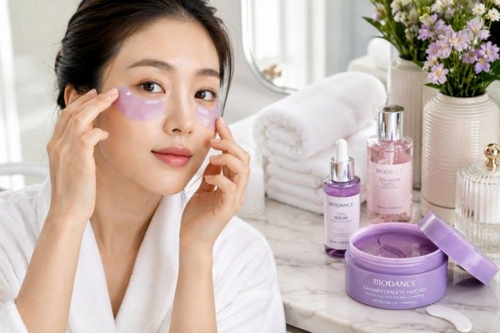 Woman applying BIODANCE hydrogel eye patches for dark circles