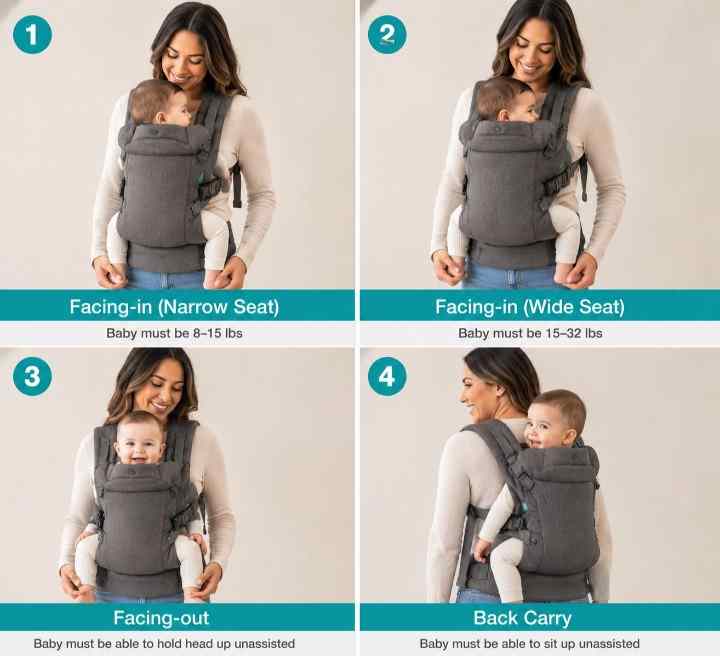 Four carrying positions of Infantino Flip 4-in-1 baby carrier