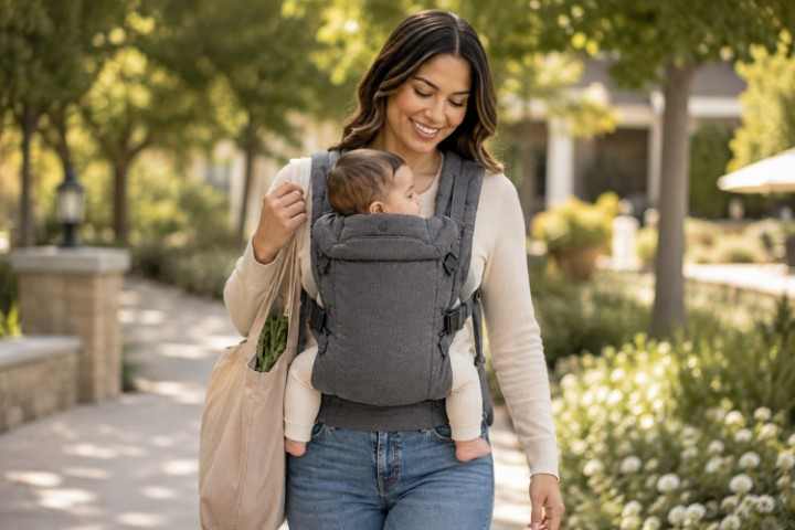 Parent using Infantino Flip 4-in-1 for hands-free babywearing