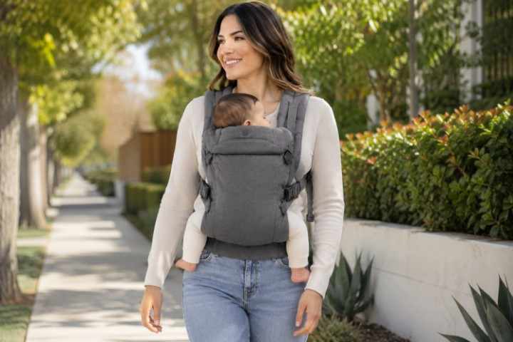 Parent wearing gray Infantino Flip 4-in-1 baby carrier