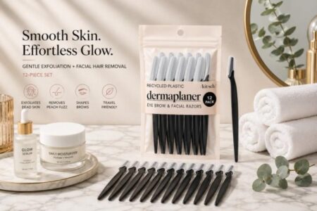 Kitsch Dermaplane Razor for Women Face with 12 black facial razors for gentle exfoliation, eyebrow shaping, and peach fuzz removal.
