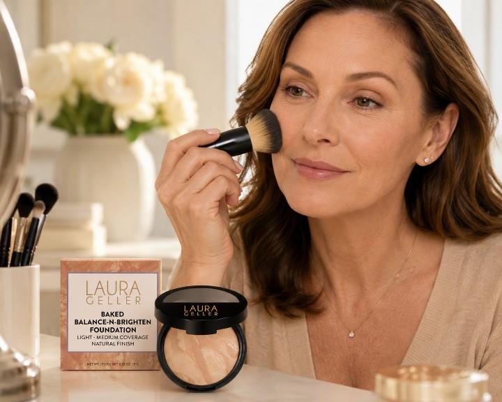 Woman applying Laura Geller baked powder foundation with makeup brush