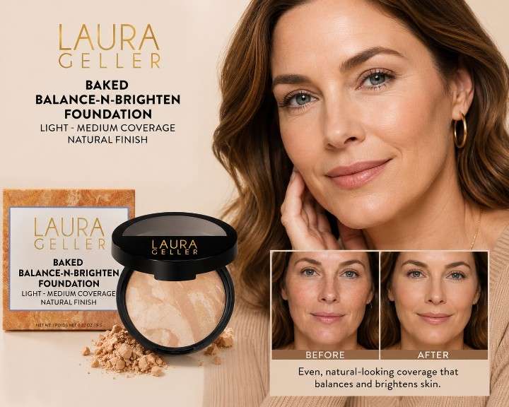 Laura Geller powder foundation natural finish and buildable coverage