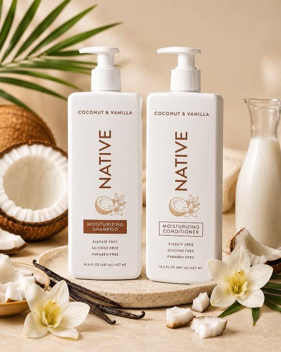 Native Coconut and Vanilla shampoo with coconut and vanilla ingredients