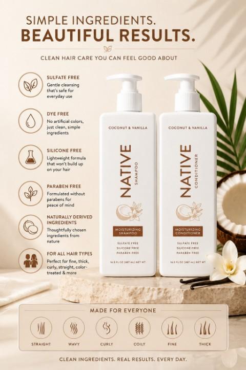 Native Coconut and Vanilla shampoo conditioner features