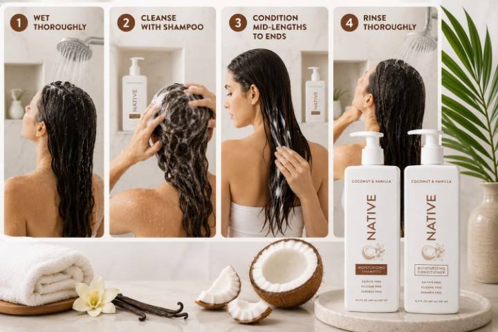Steps for using Native Coconut and Vanilla shampoo and conditioner