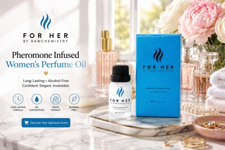 RawChemistry Pheromone Infused Women's Perfume Oil 0.5 oz bottle on a luxury vanity with flowers and skincare products