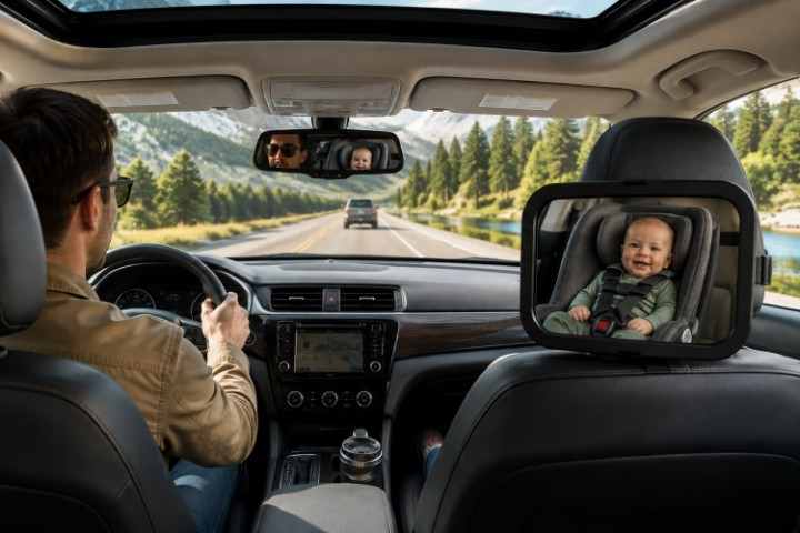 Baby car mirror helping a parent see a rear-facing infant