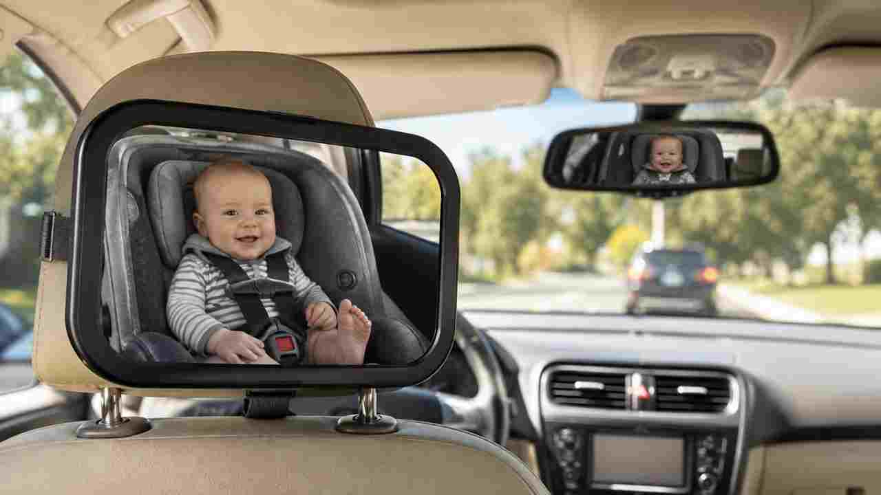 Shynerk baby car mirror showing a rear-facing infant