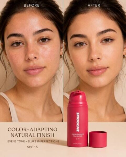 Smooche Color Changing Foundation natural finish before and after