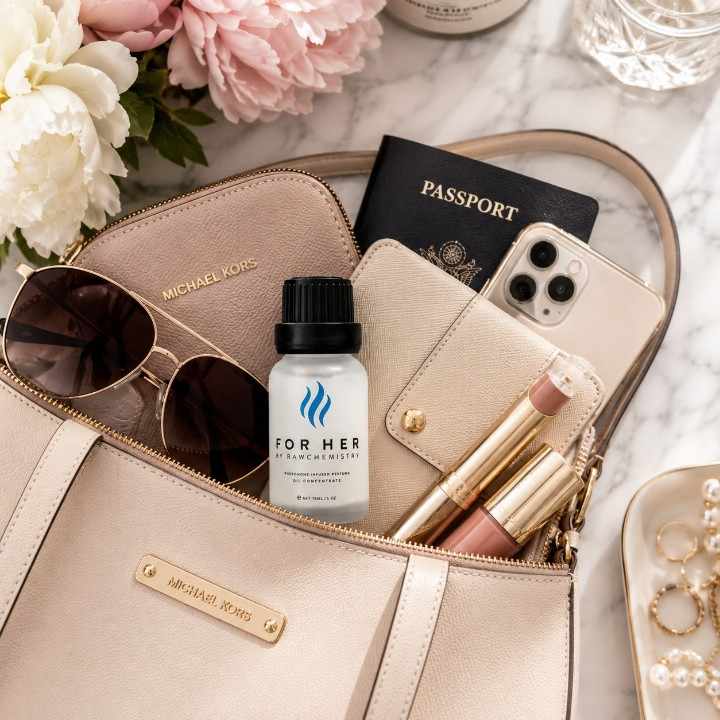 RawChemistry perfume oil inside a luxury handbag with travel accessories