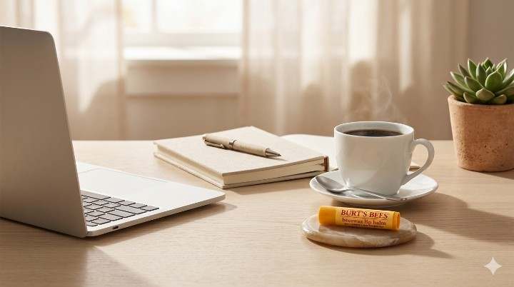 Burt's Bees natural lip balm on an everyday work desk