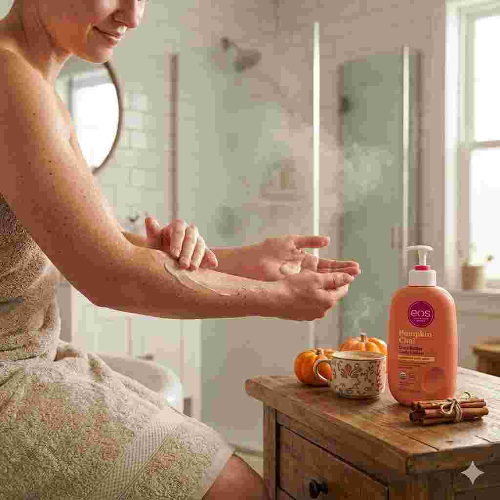 person applying eos Pumpkin Chai body lotion after shower