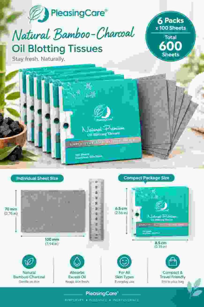 Six-pack PleasingCare blotting sheets with size and sheet count information